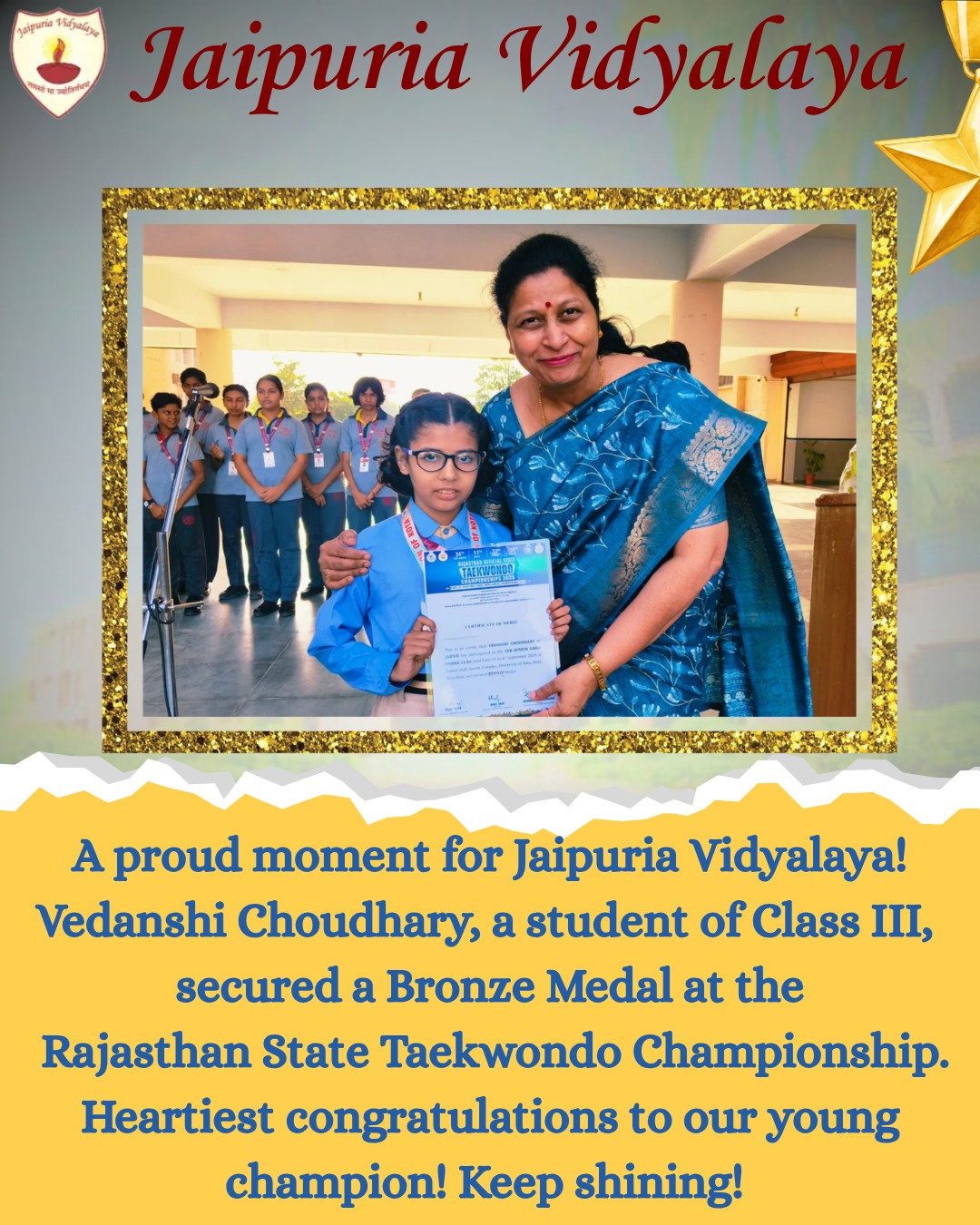 Vedanshi Choudhary of Class 3 earned a Bronze Medal in the Sub-Junior Girls (Under 24 kg) category.